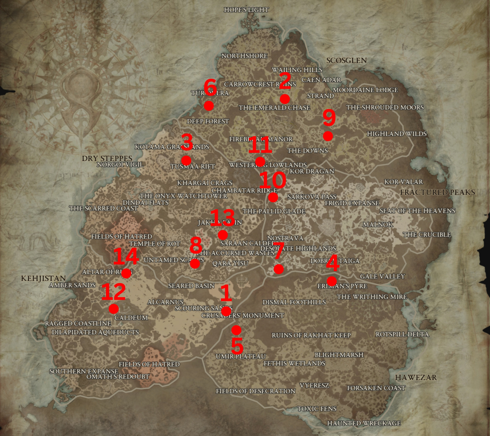 Red location circles on the map of The Sanctuary from Diablo 4.