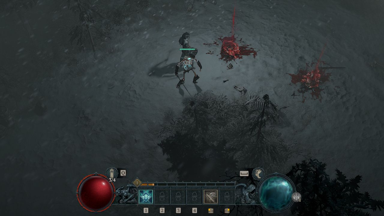 A woman surrounded by Corpses and Skeletons in Diablo 4.