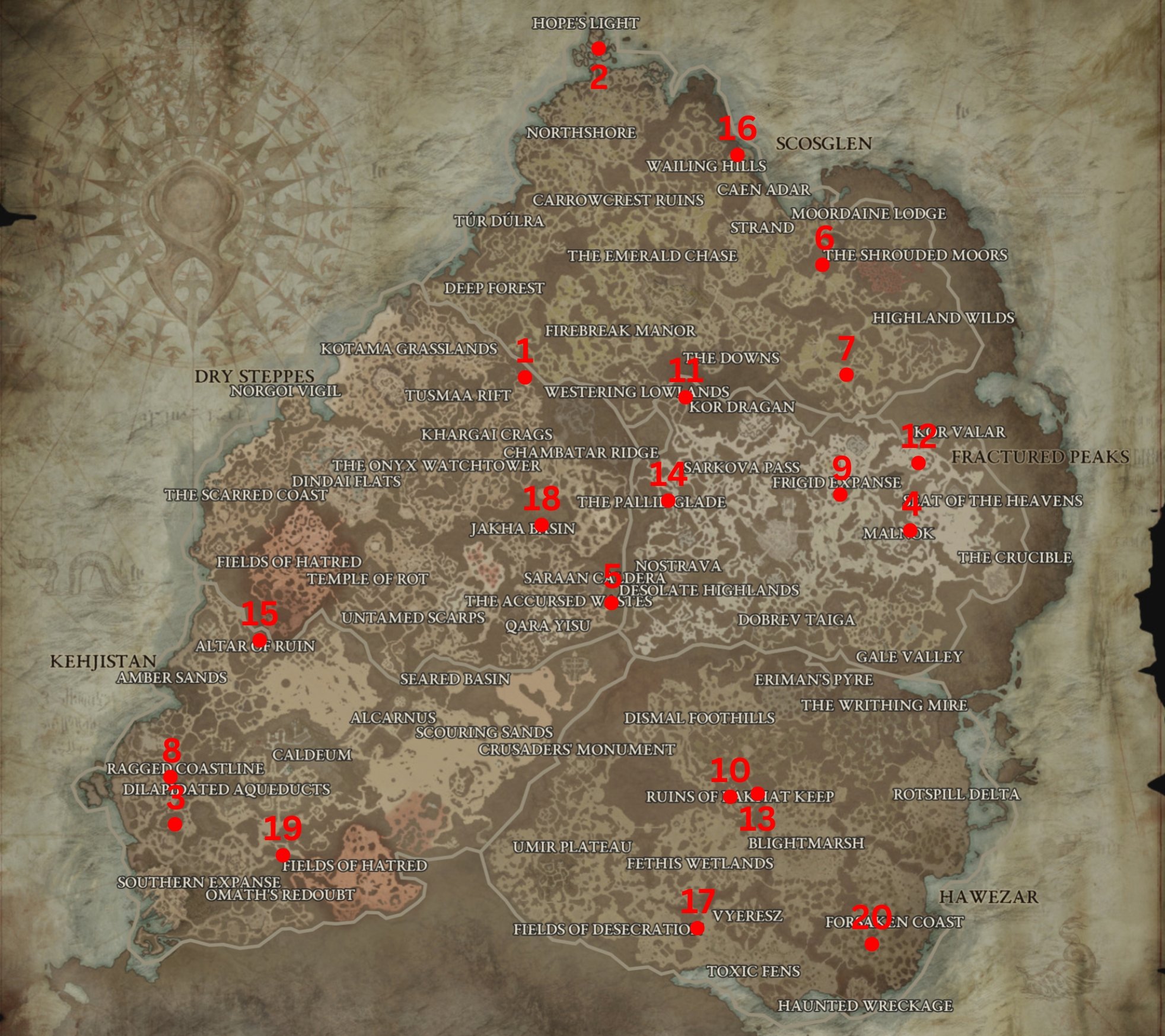 Red dots and numbers on a map showcasing Aspect locations Diablo 4.