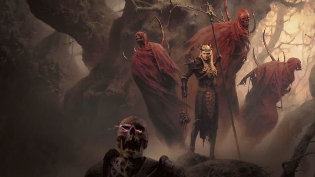 Necromancer surrounded by summoned skeletons in Diablo 4