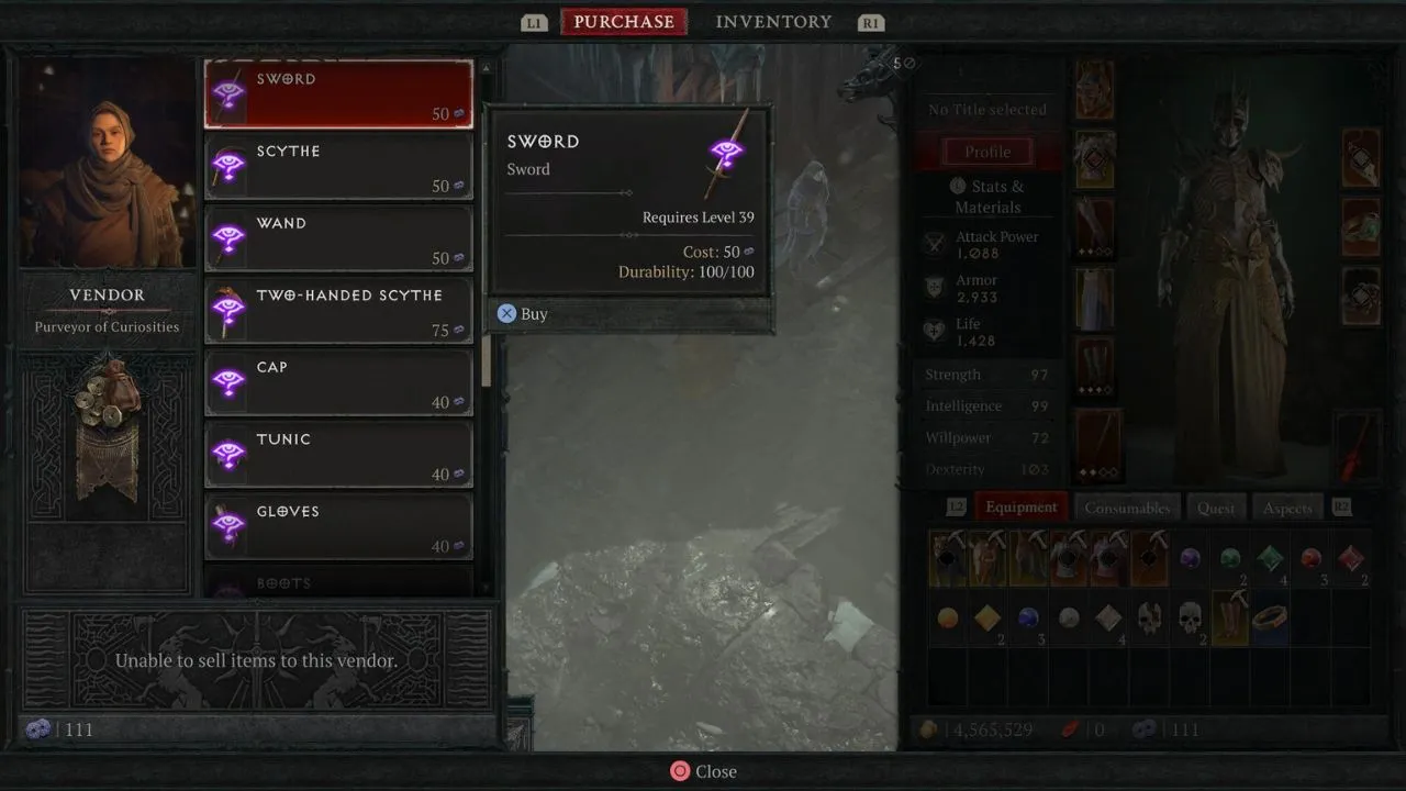 Gear icons and prices at the Curiosities vendor in Diablo 4.