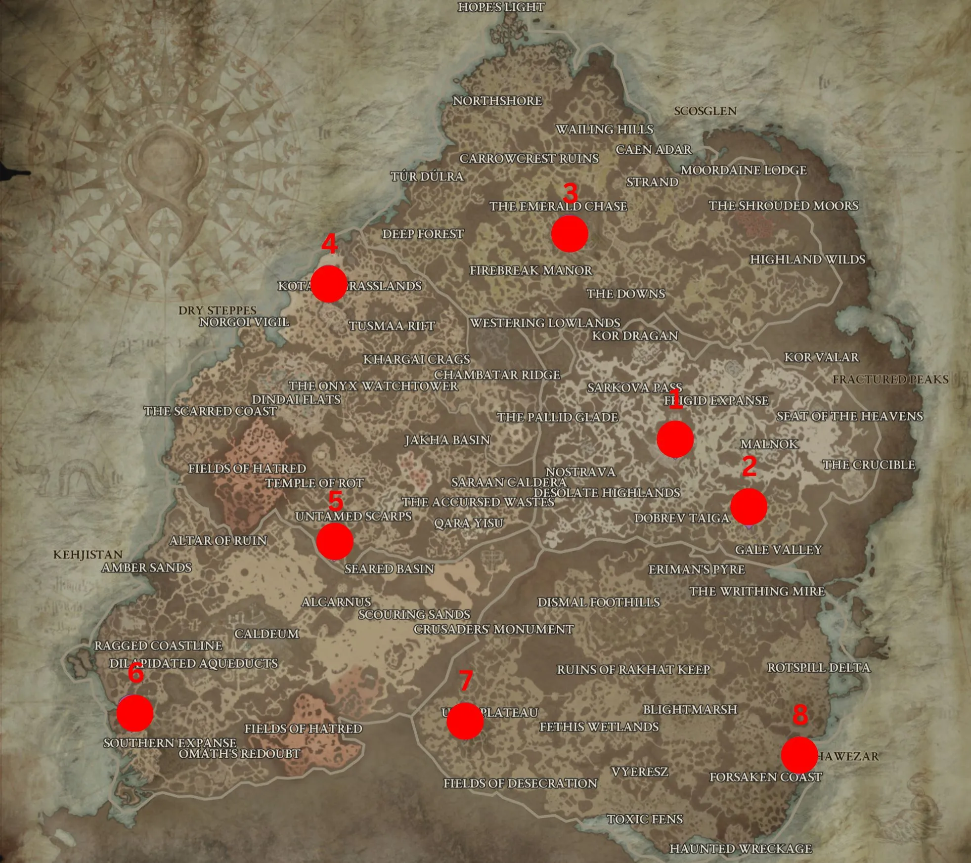 Red dots and numbers on a map indicating Purveyor of Curiosities locations in Diablo 4
