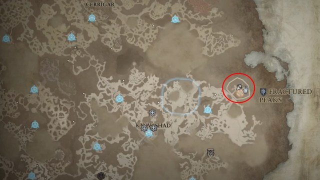 The location of the Kor Valar Ramparts on the Diablo 4 world map.