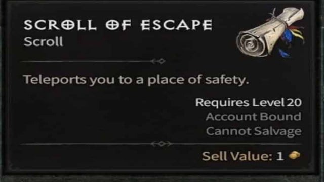 The Scroll of Escape in Diablo 4 with the description: "Teleports you to a place of safety."