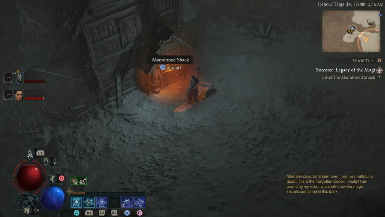Red glowing door to a wooden house for the Sorcerer class quest in Diablo 4