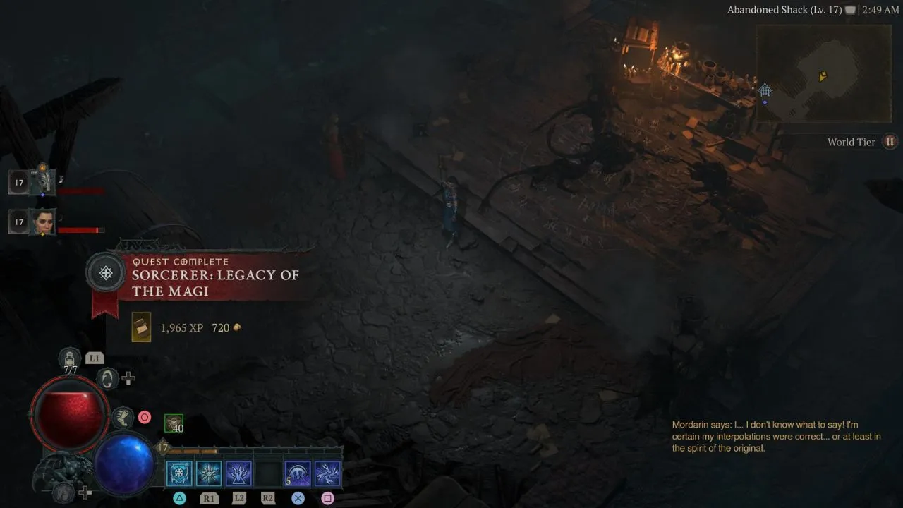 Pop-up showing gold and experience earned from Sorcerer class quest in Diablo 4.
