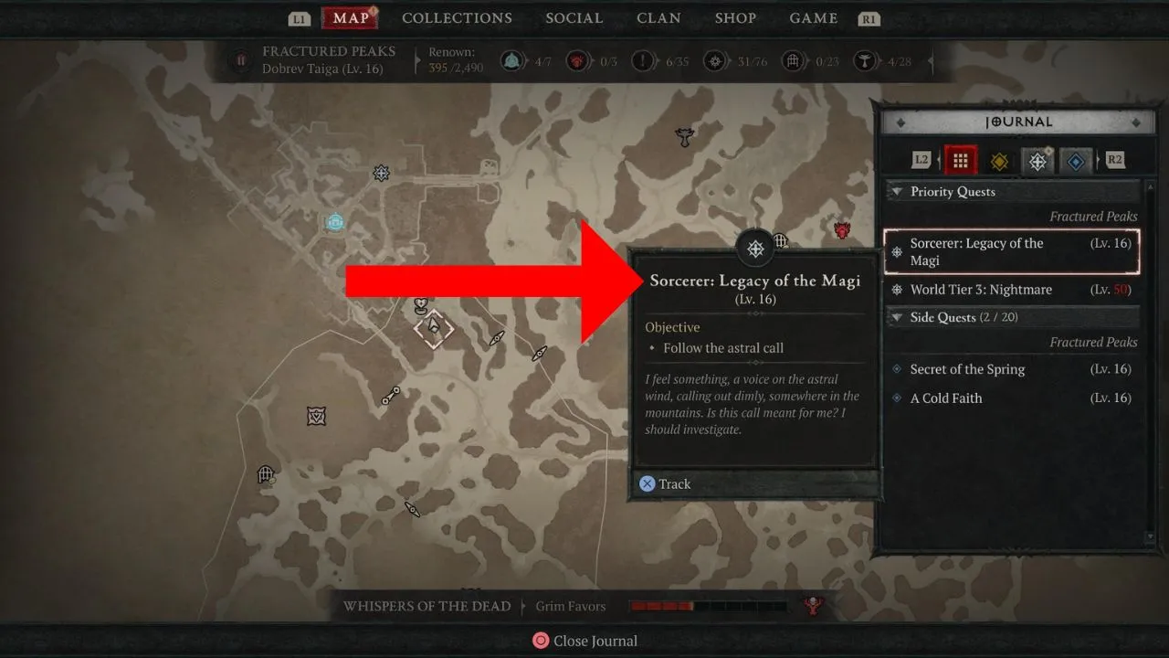 Red arrow pointing to the Sorcerer class quest box in Diablo 4