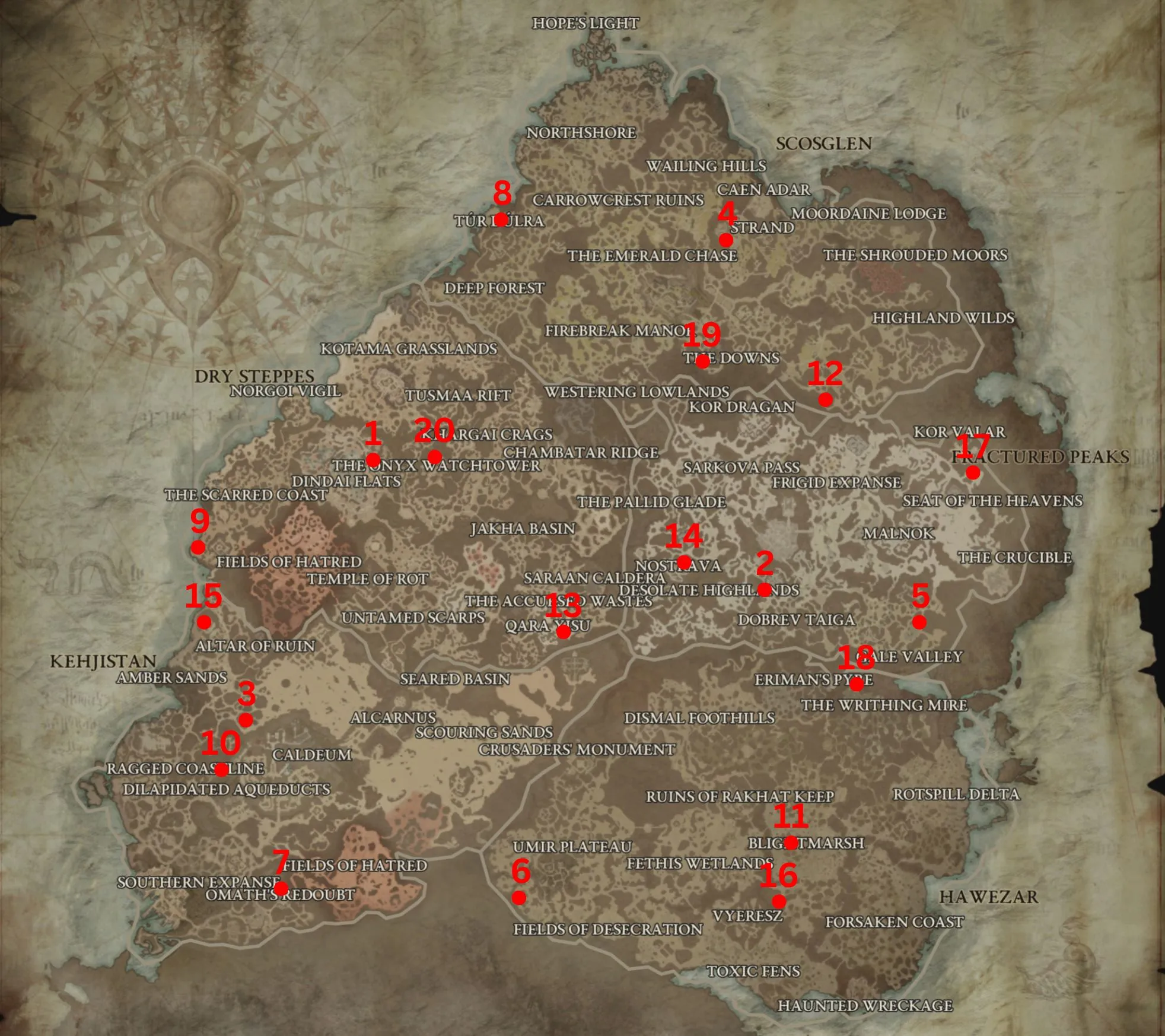 Red dots and numbers on a map of the Sanctuary indicating Aspect dungeons