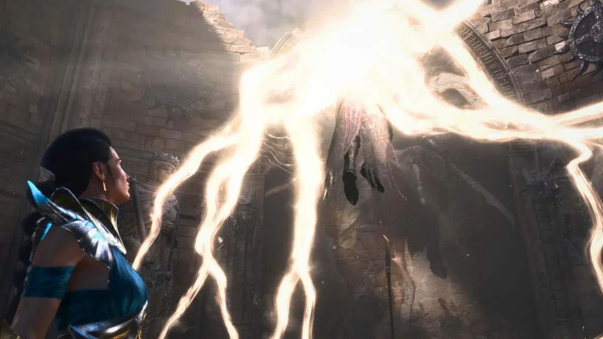 Lightning erupting from man near a woman from the Sorcerer class in Diablo 4.
