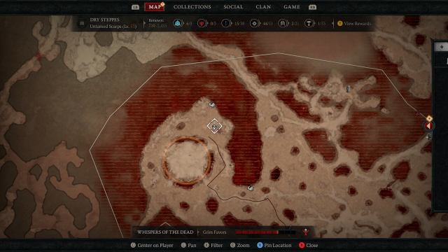 A picture of the Diablo 4 map showing a Tortured Chest.