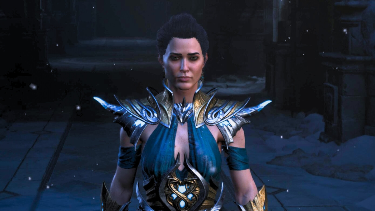 Sorcerer woman in blue and silver armor with black hair surrounded by snowflakes in Diablo 4.