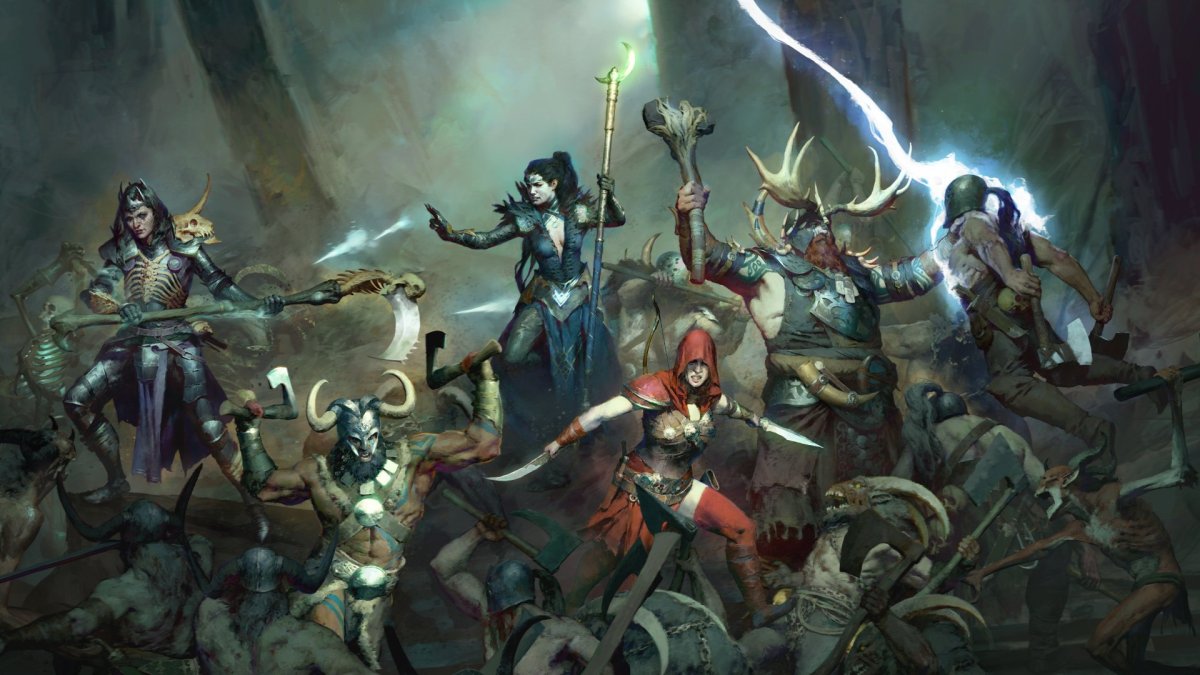 Several Diablo 4 characters battle a horde of demons.