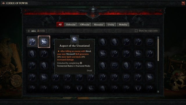 An image of the Codex of Power that contains all Aspects in Diablo 4.