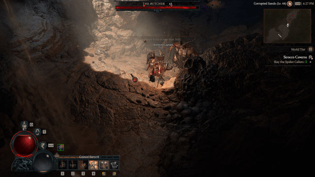 A screenshot of an encounter with the Butcher in a dungeon in Diablo 4.