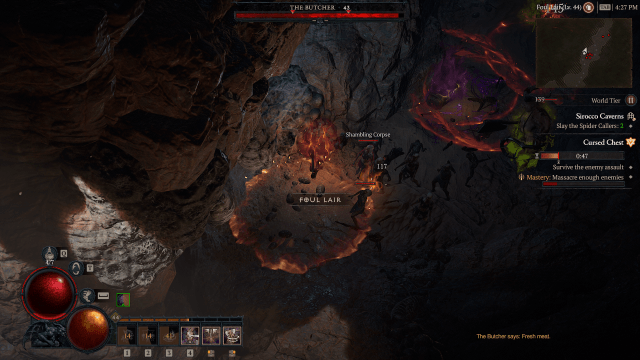 Screenshot of the Butcher boss fight in a random dungeon in Diablo 4.
