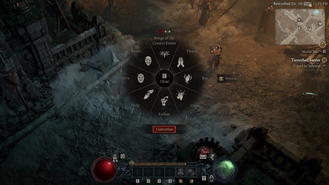 A screenshot of the emote wheel in Diablo 4
