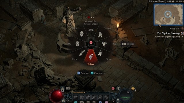 A screenshot of the 'Follow' emote in Diablo 4.