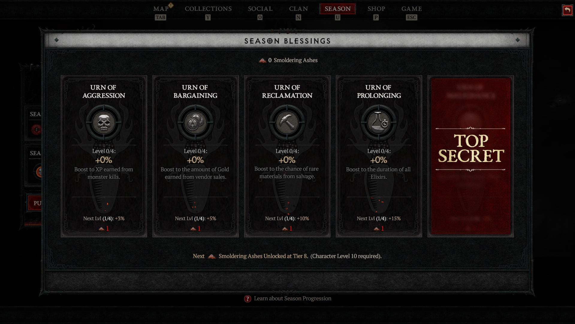 The Diablo 4 Season Blessings screen. Several blessings are displayed in dark boxes with different icons, and the last blessing is obscured by a red film and the words "TOP SECRET."