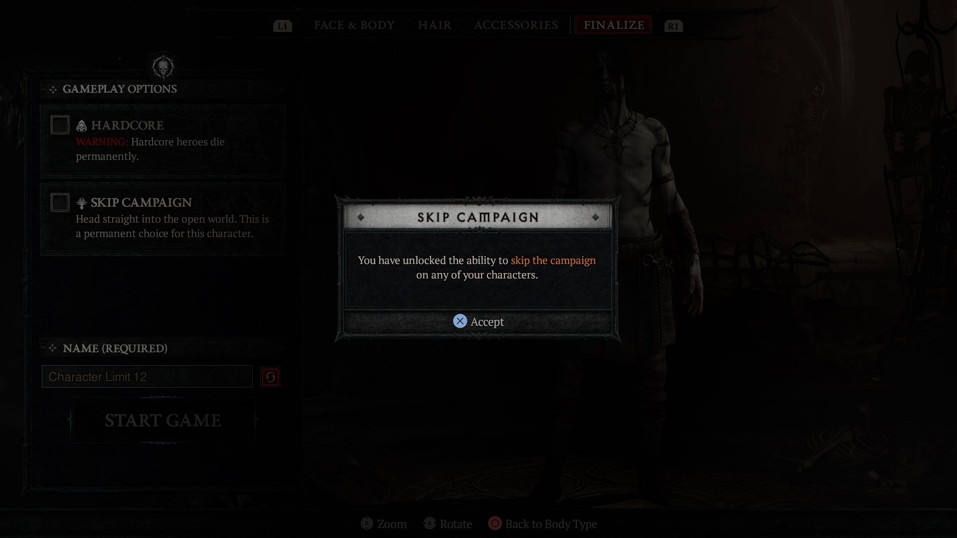 A screenshot of the Skip Campaign button in Diablo 4.
