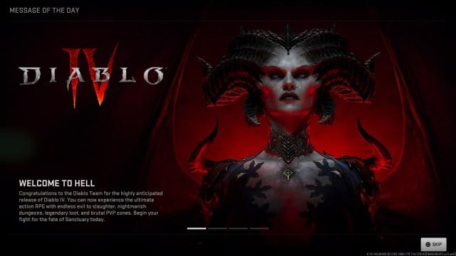 A screenshot of Call of Duty's "Message of the Day" featuring Diablo 4's Lilith.