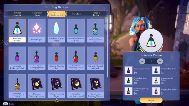 The player crafting the Rainbow Potion. 