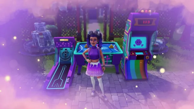 The player standing in front of three game machines.