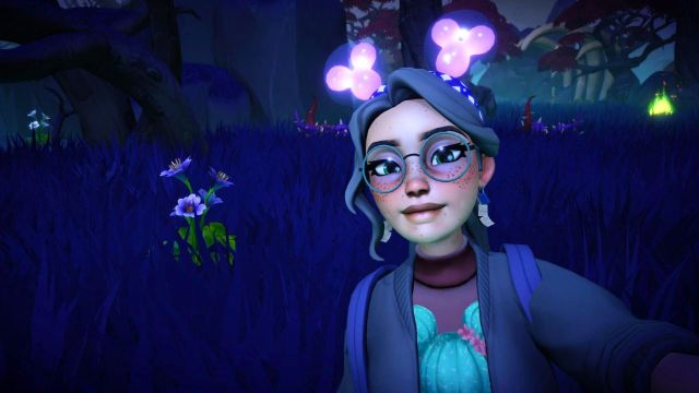 Girl and a purple flower in a dark land in Disney Dreamlight Valley