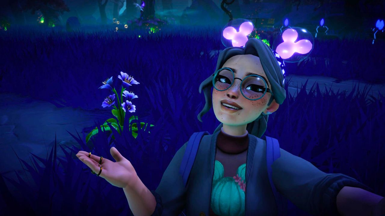 Girl pointing to purple flower in The Forgotten lands in Disney Dreamlight Valley