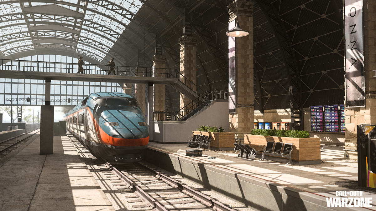 A high-speed train sits at an empty train station in Al Mazrah in DMZ.