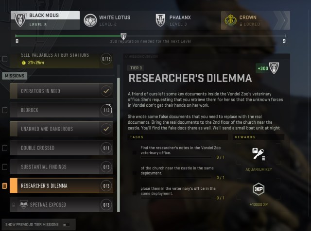 A screenshot of the main faction missions menu in DMZ, with the Researcher's Dilemma mission selected.