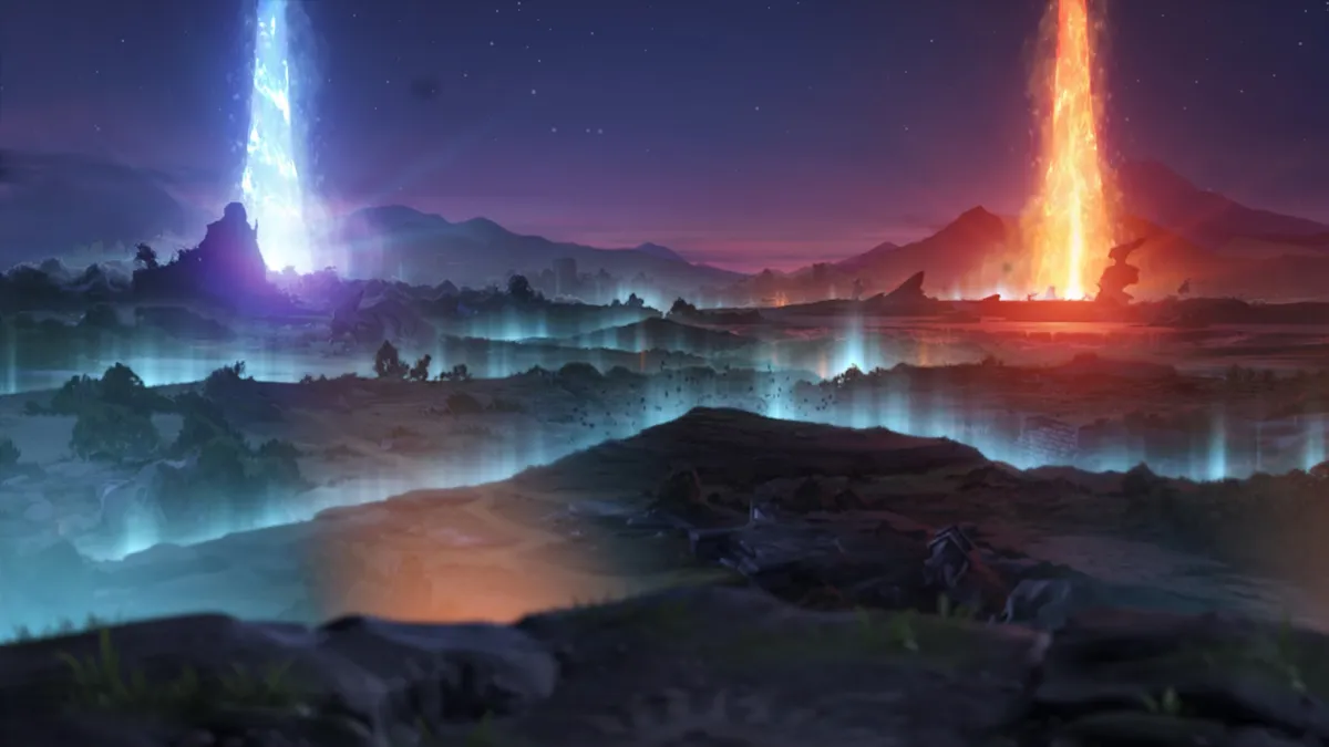 The Radiant and Dire Ancients, exploding as the ground beneath them breaks apart in Dota 2.