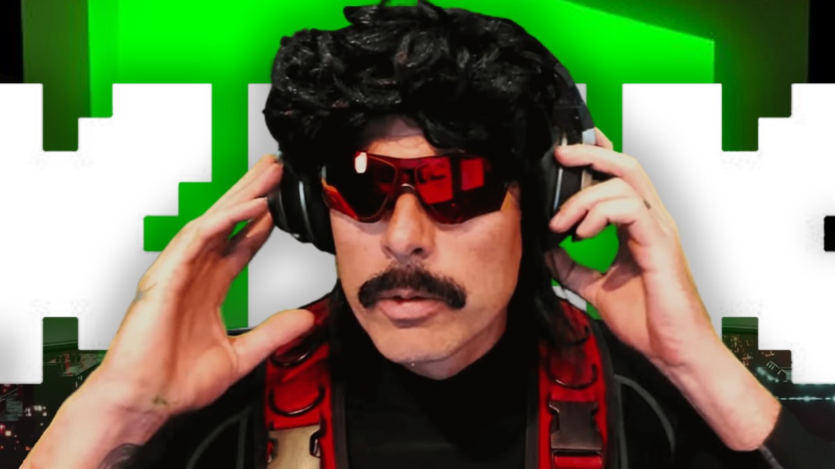 Dr Disrespect adjusts his headset in front of a huge Kick background