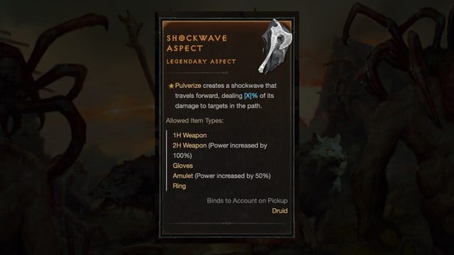 The item description of the Shockwave Aspect in Diablo 4.