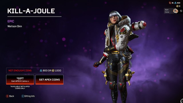 Kill-A-Joule Wattson skin. Wattson has silvery hair and a matching jacket, with red and gold highlights and a black lightning bolt under her right eye.