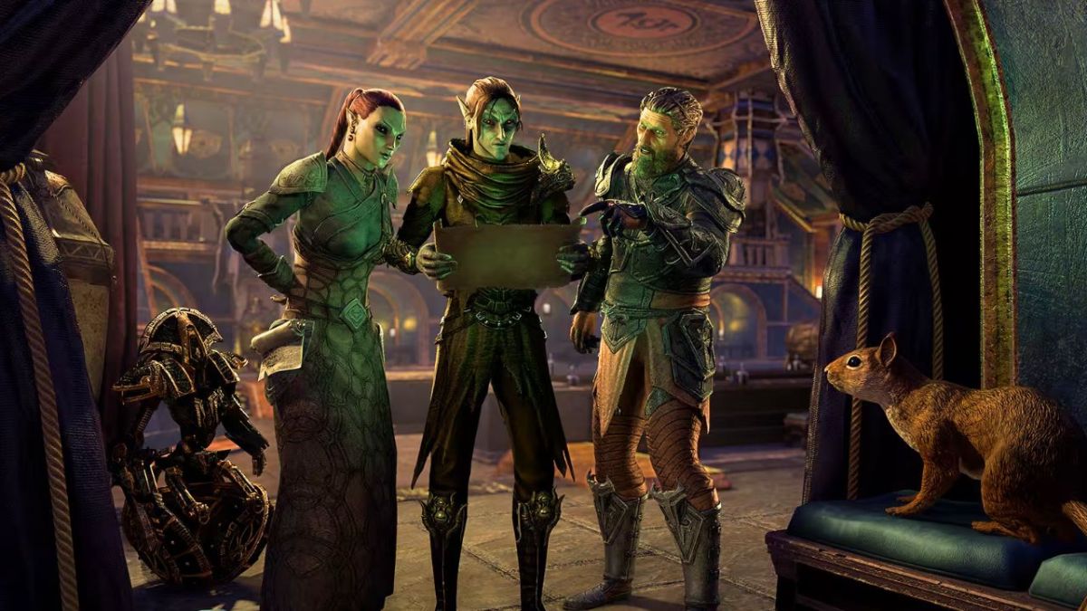 Three people standing in store looking at map in ESO Necrom