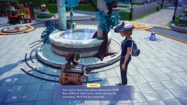 The player and Wall-E standing by a wishing well talking about Eve. 