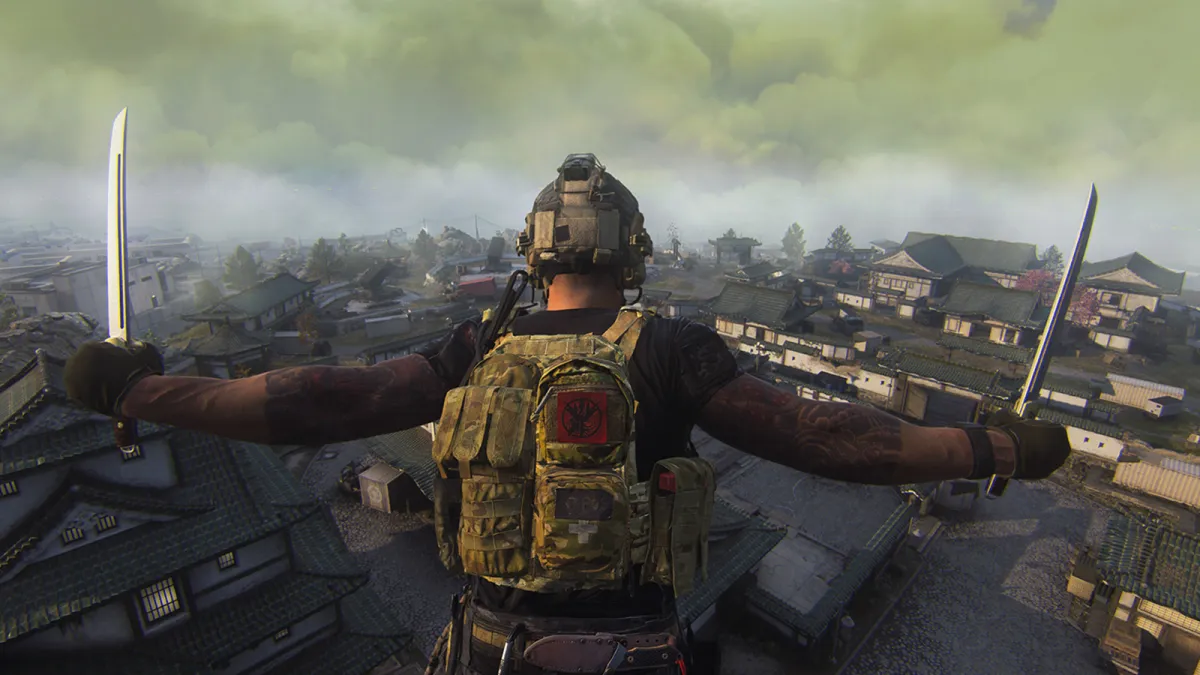 Call of Duty character jumping towards Ashika Island with a knife in each hand.
