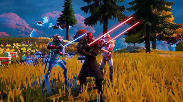 Image showing three fortnite characters holding lightsabers.