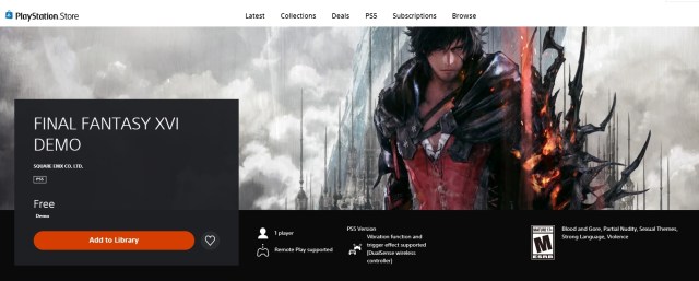 A screenshot of the Final Fantasy 16 demo on the PlayStation Store website.