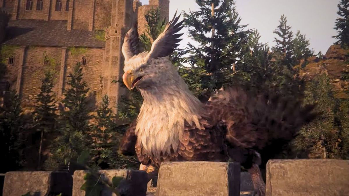 An eagle-like creature on top of a stone wall in Final Fantasy 16