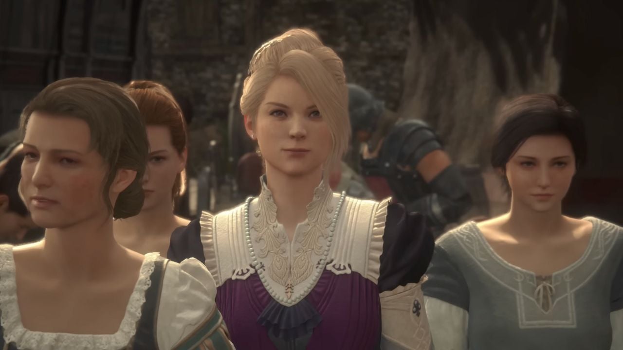 Blonde-haired woman wearing red, white, and black attire in Final Fantasy 16