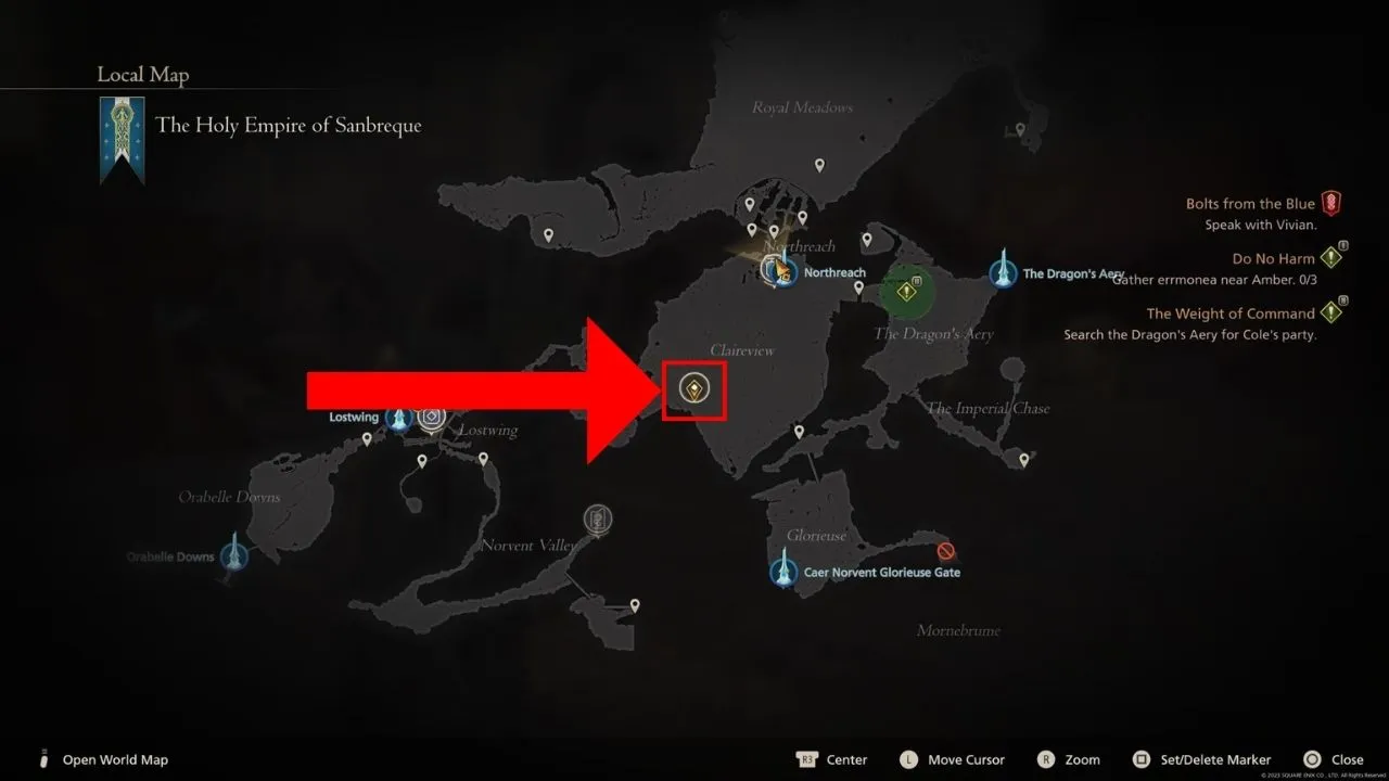 Red box and arrow pointing to Aruna's location in Final Fantasy 16