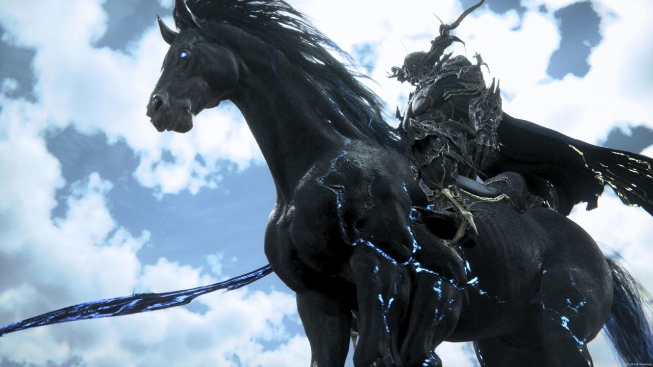 Man wearing black armor riding a horse with blue cracks in Final Fantasy 16