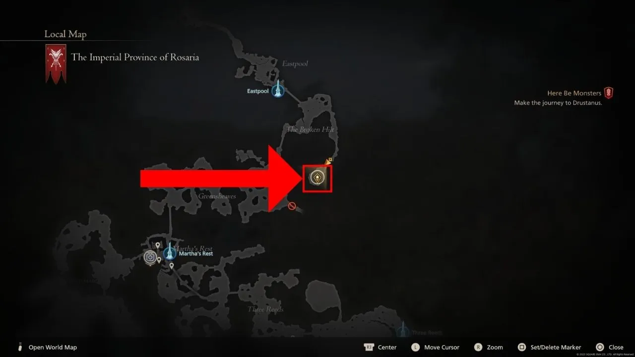 Red box and arrow pointing to Belphegor's location in Final Fantasy 16