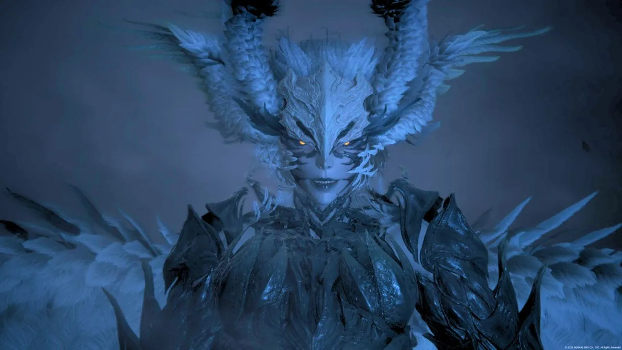 Woman with yellow eyes and covered in feathers surrounded by fog in Final Fantasy 16