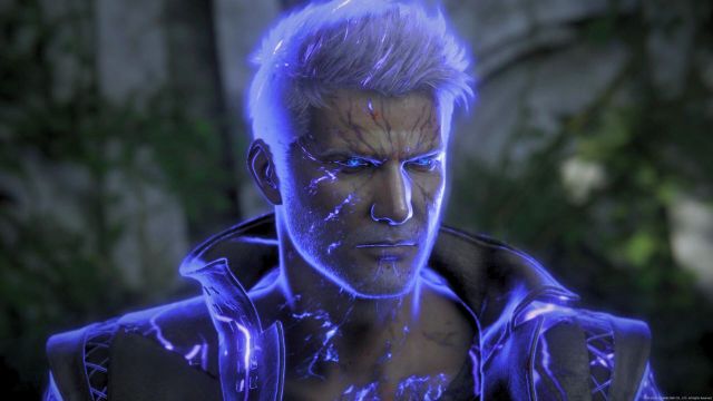 Man with short hair glowing purple next to rocks in Final Fantasy 16
