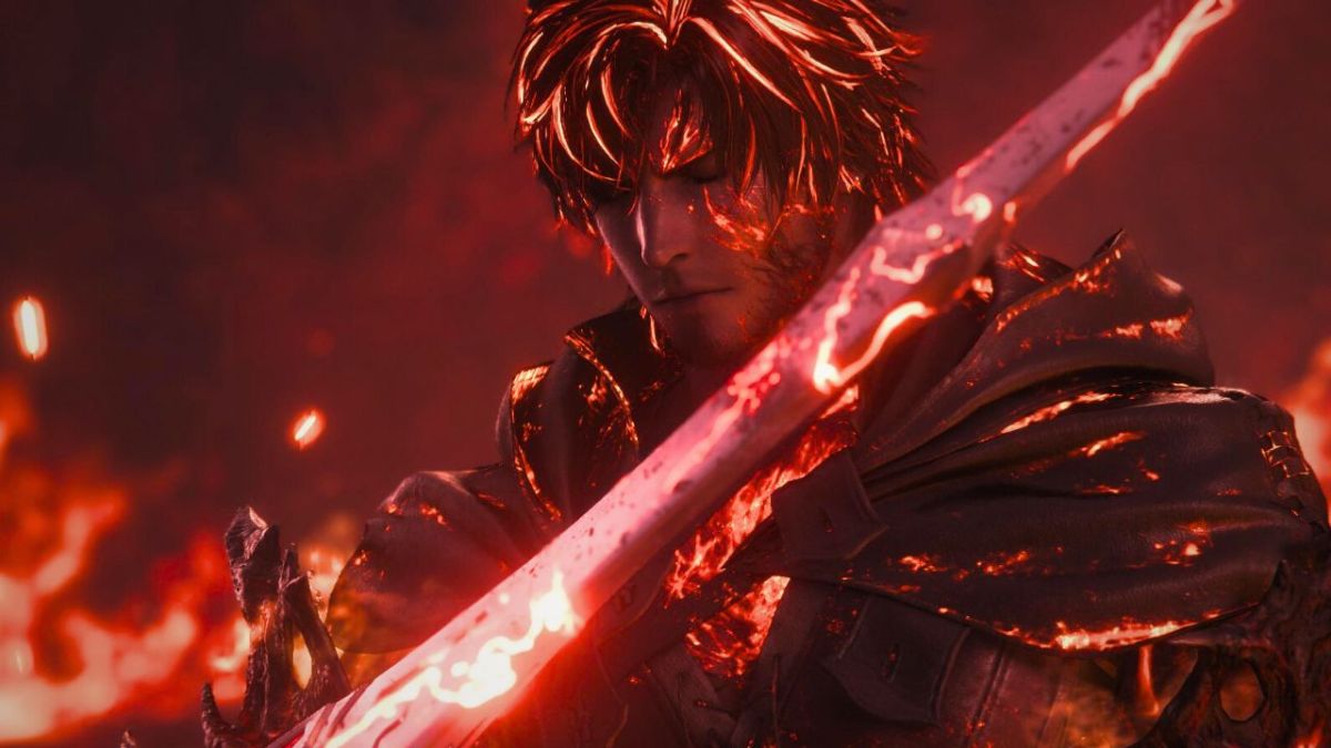 Red, glowing man holding red sword surrounded by flames in Final Fantasy 16
