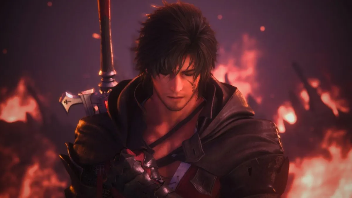 Man with dark hair and armor surrounded by flames in Final Fantasy 16.