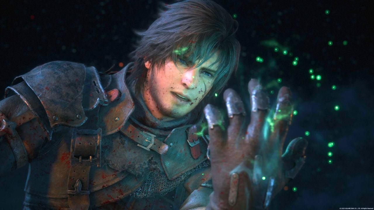 Man with black hair staring at his glowing green palm in Final Fantasy 16