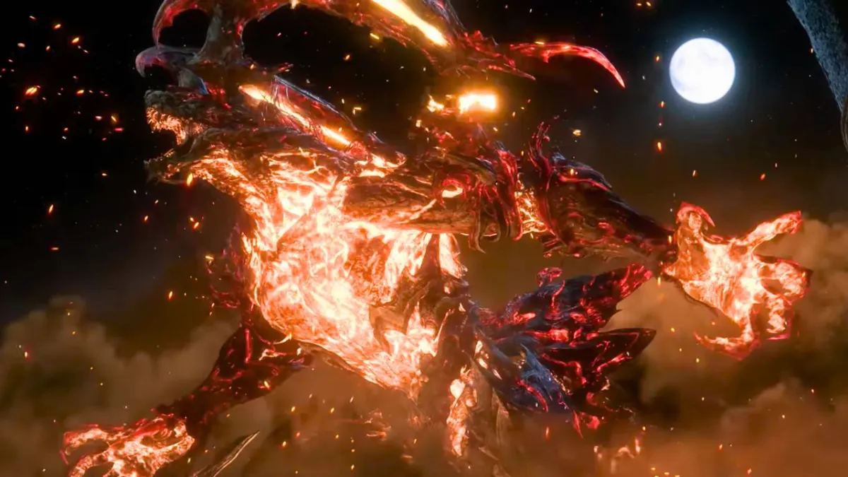 Red glowing creature surrounded by sparks of fire at night in Final Fantasy 16